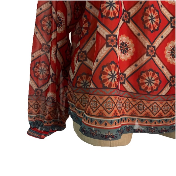 Flying Tomato Boho Floral Geometric Print Long Sleeve Peasant Blouse Red Navy L - Picture 4 of 5